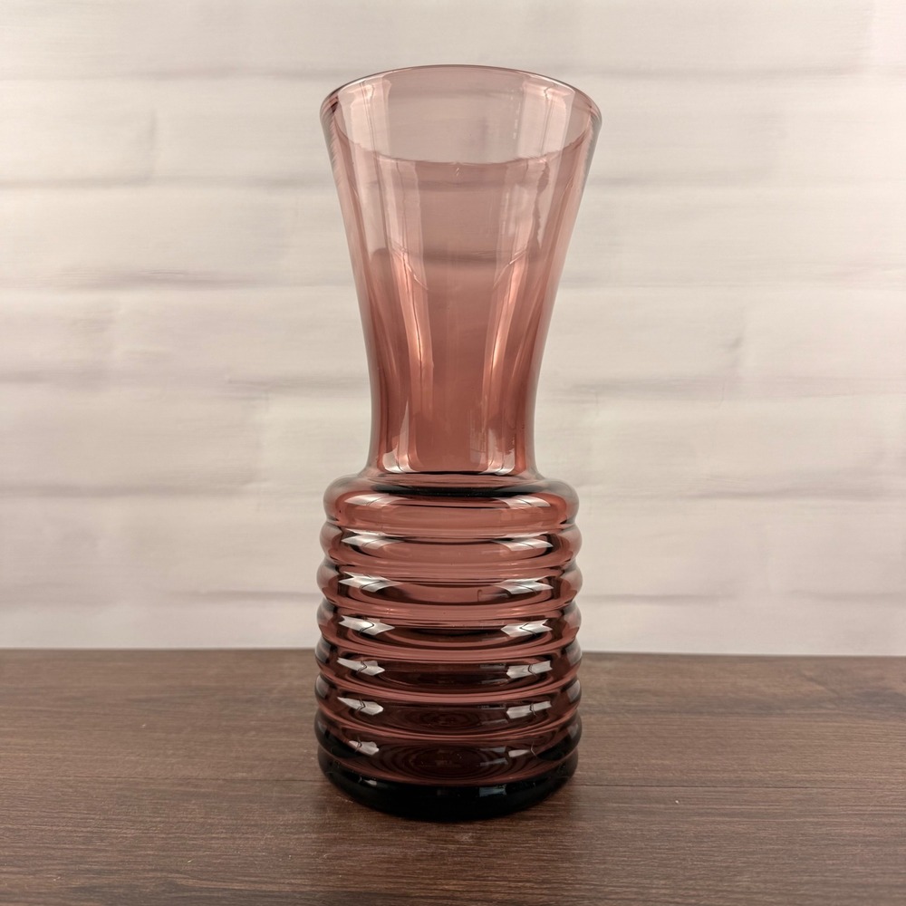 Vintage Amethyst Purple Art Glass Ribbed Trumpet Vase MCM Hand Blown
